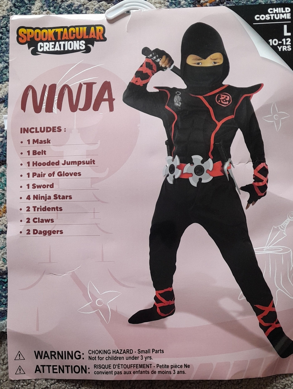 Black & Red Ninja Kids Costume - Hooded Jumpsuit Set Size L 10-12yrs